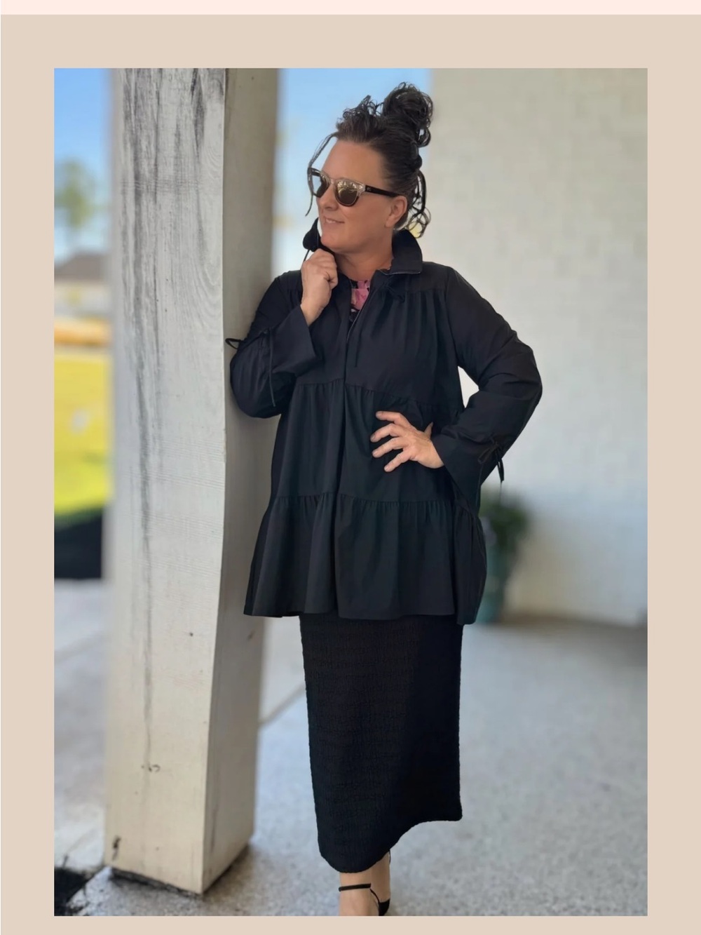 Women's Black Tiered Tunic Blouse - Relaxed Long Sleeve